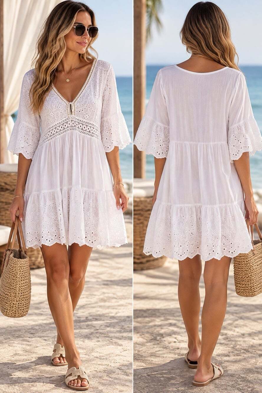Farisha White Eyelet Crochet Gold Trim Swim Cover Up Beach Dress NWT